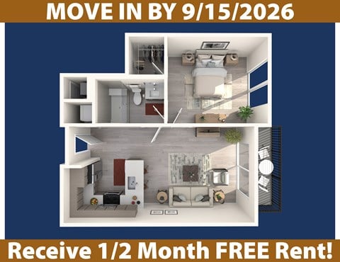 Floor plan for 1 bed, 1 bath, 722 sqft